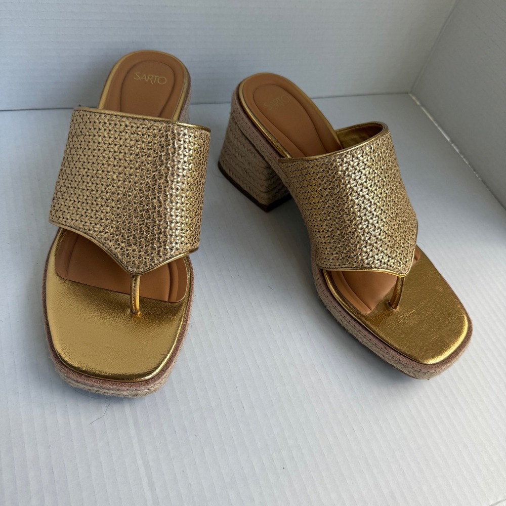 Sarto Woven Block Heel Sandals Womens 9 Gold Good Metallic Espadrille Slide